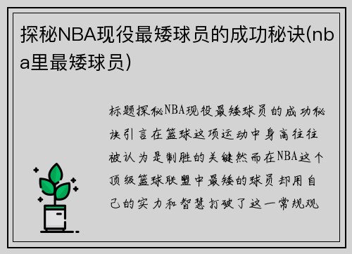 探秘NBA现役最矮球员的成功秘诀(nba里最矮球员)